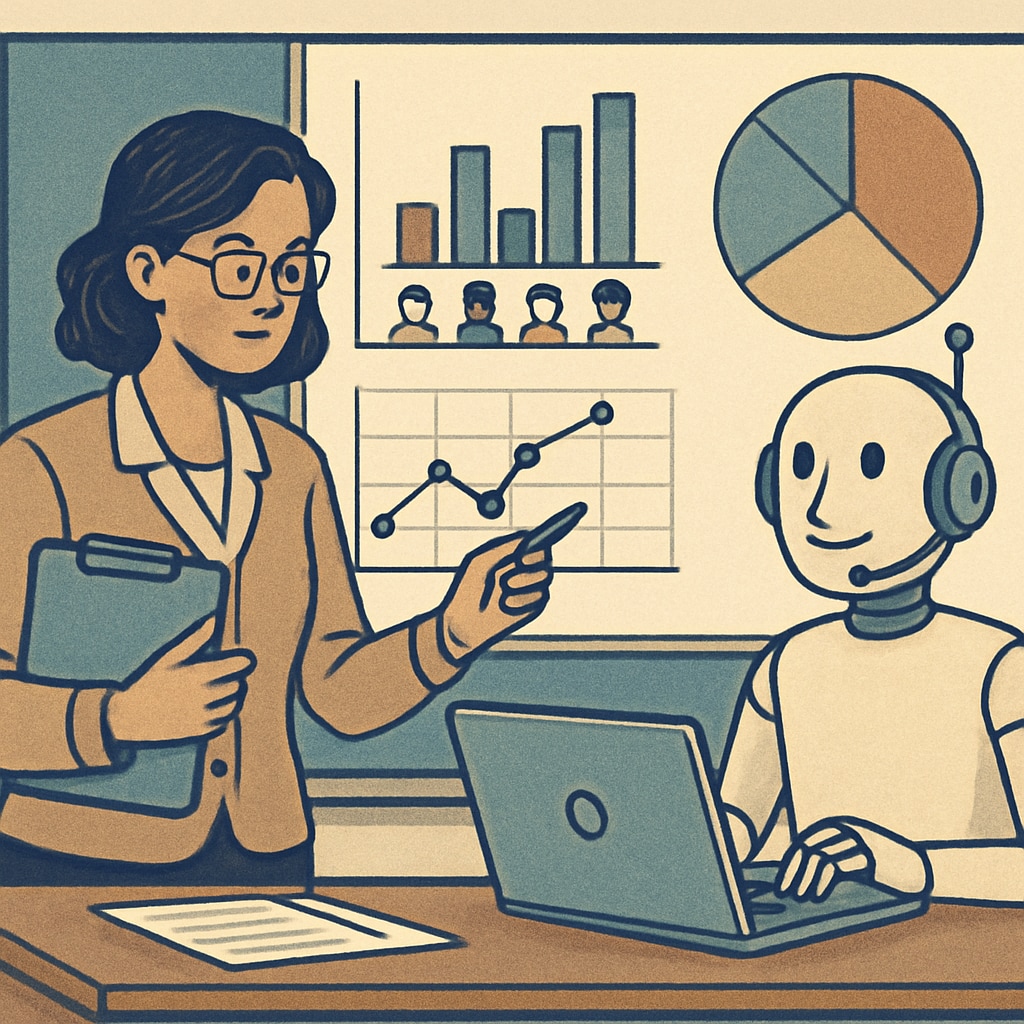 A teacher using an AI assistant to analyze student data, demonstrating collaboration between educators and AI technologies. Teacher collaborating with AI to customize lesson plans.