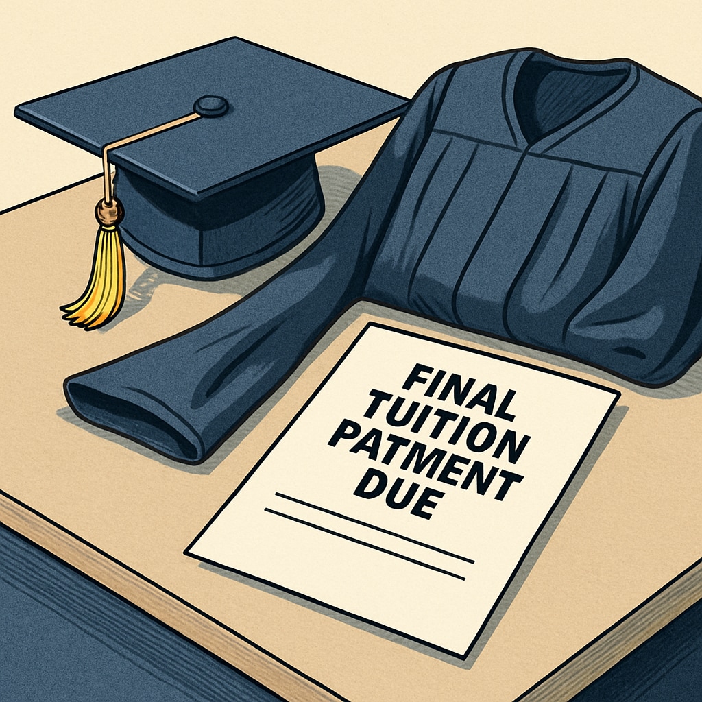 A graduation cap and gown placed next to a “Final Tuition Payment Due” notice. The image highlights the connection between financial barriers and delayed graduation. Tuition payment notice with graduation cap and gown