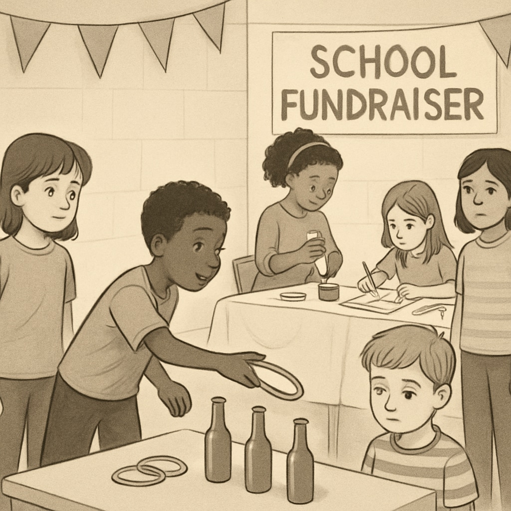 A group of children at a school fundraiser, with some participating in exclusive activities while others watch. The image highlights the disparity in participation. Children at a school fundraiser, showcasing economic discrimination in activity access.