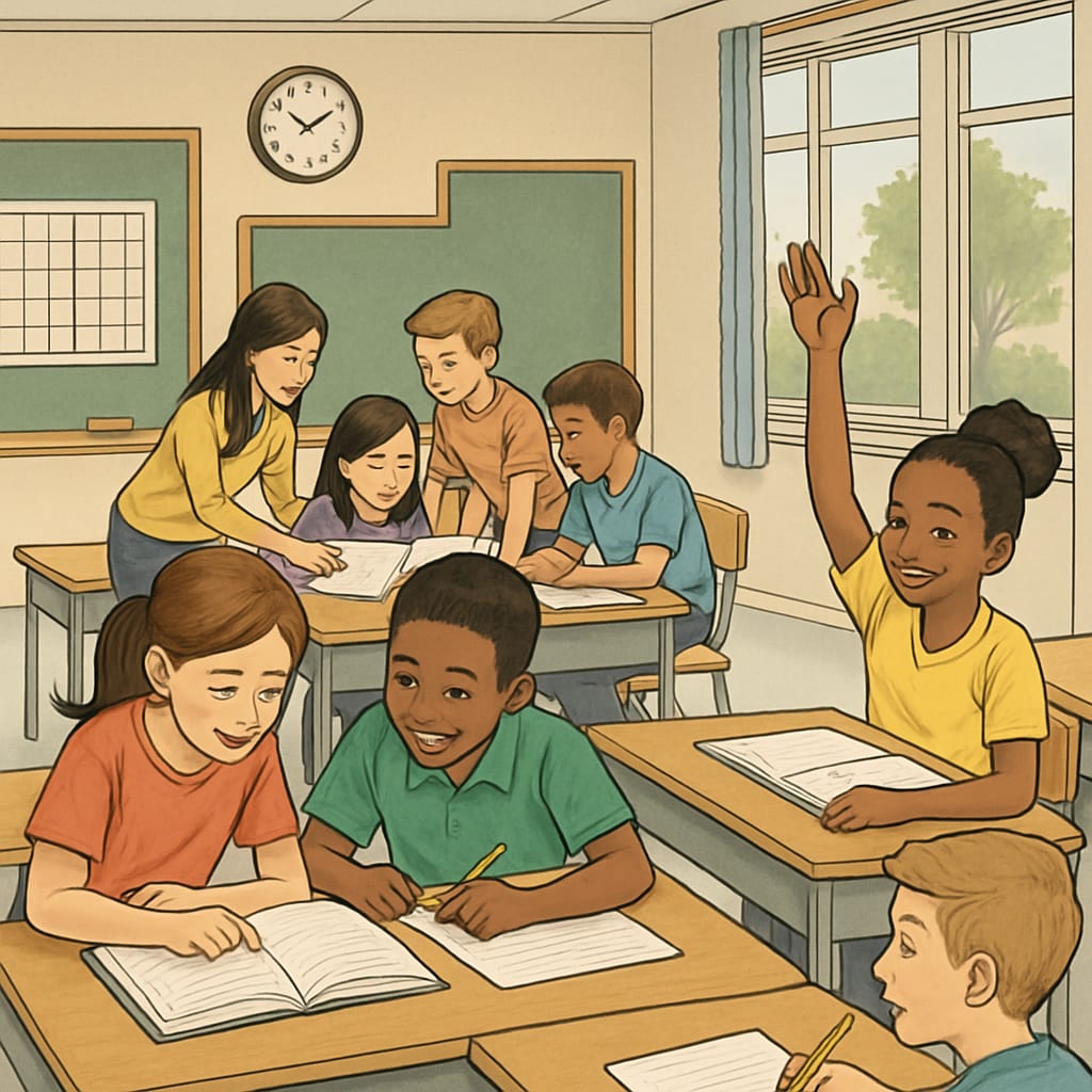 A classroom with students engaged in collaborative learning during a year-round school session. Students in a classroom engaged in year-round schooling activities to improve knowledge retention.