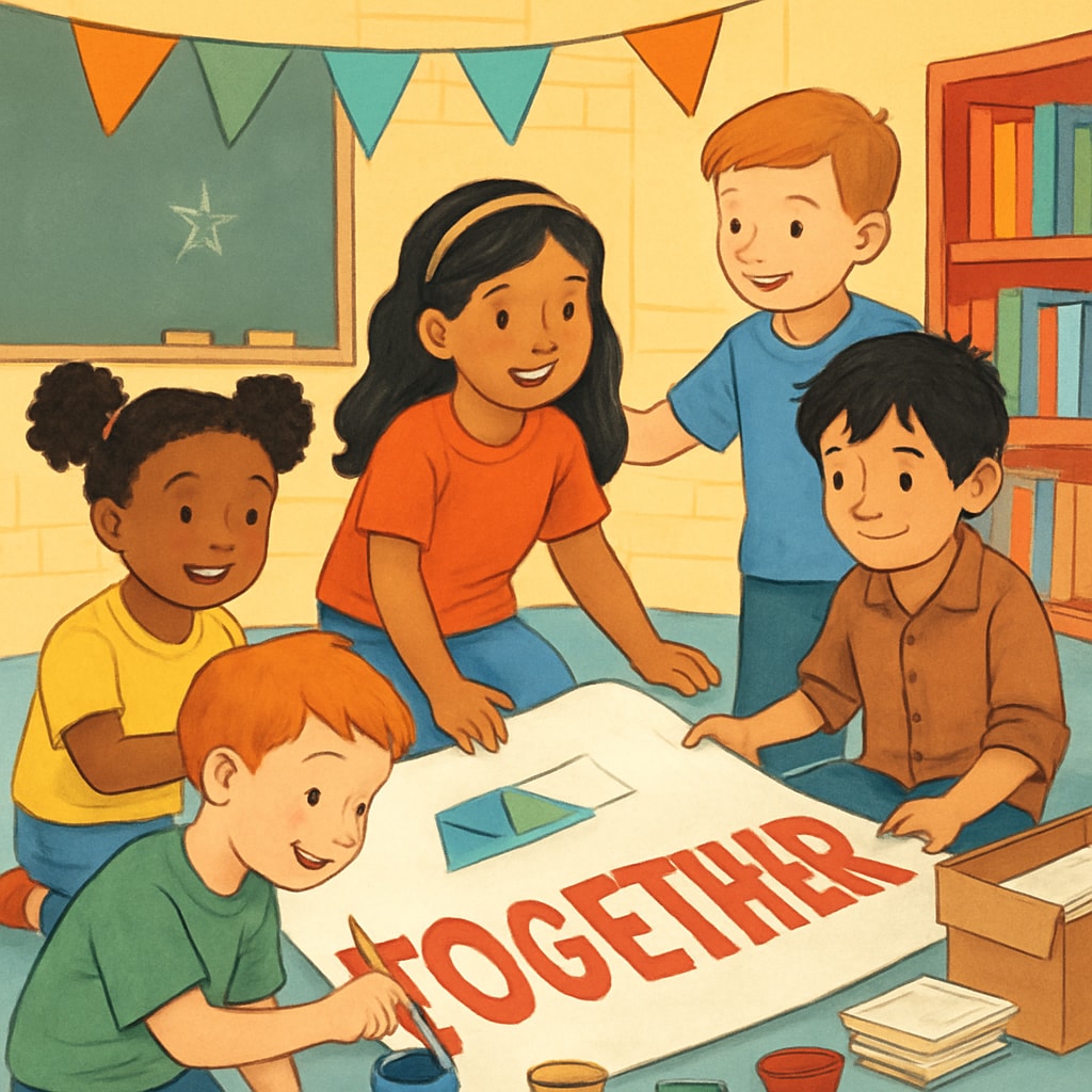 Children of diverse socioeconomic backgrounds participating equally in a school event, symbolizing inclusivity. Diverse group of children participating in a school event without economic distinctions.
