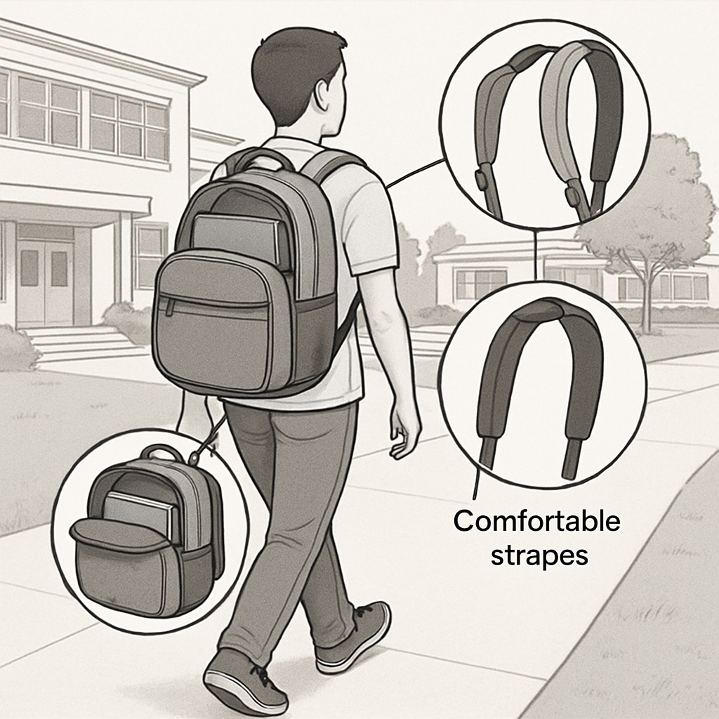 A student walking through campus with a backpack, showcasing its spacious compartments and comfortable straps. College student walking with a backpack, demonstrating practicality and comfort