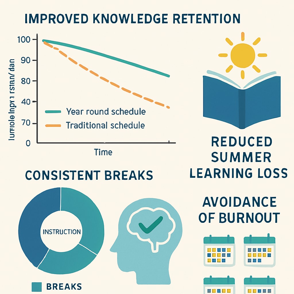 Infographic showing the benefits of year-round schooling, including improved retention and reduced summer slide. Infographic illustrating how year-round schooling enhances knowledge retention and prevents learning loss.