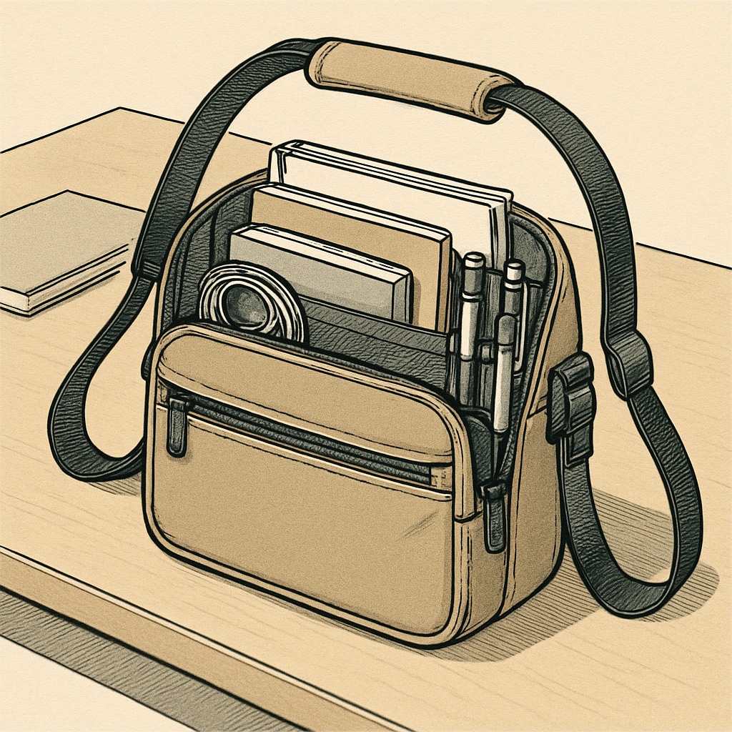 A shoulder bag placed on a desk, displaying its compact yet organized design. Shoulder bag on desk, highlighting organized storage for college essentials