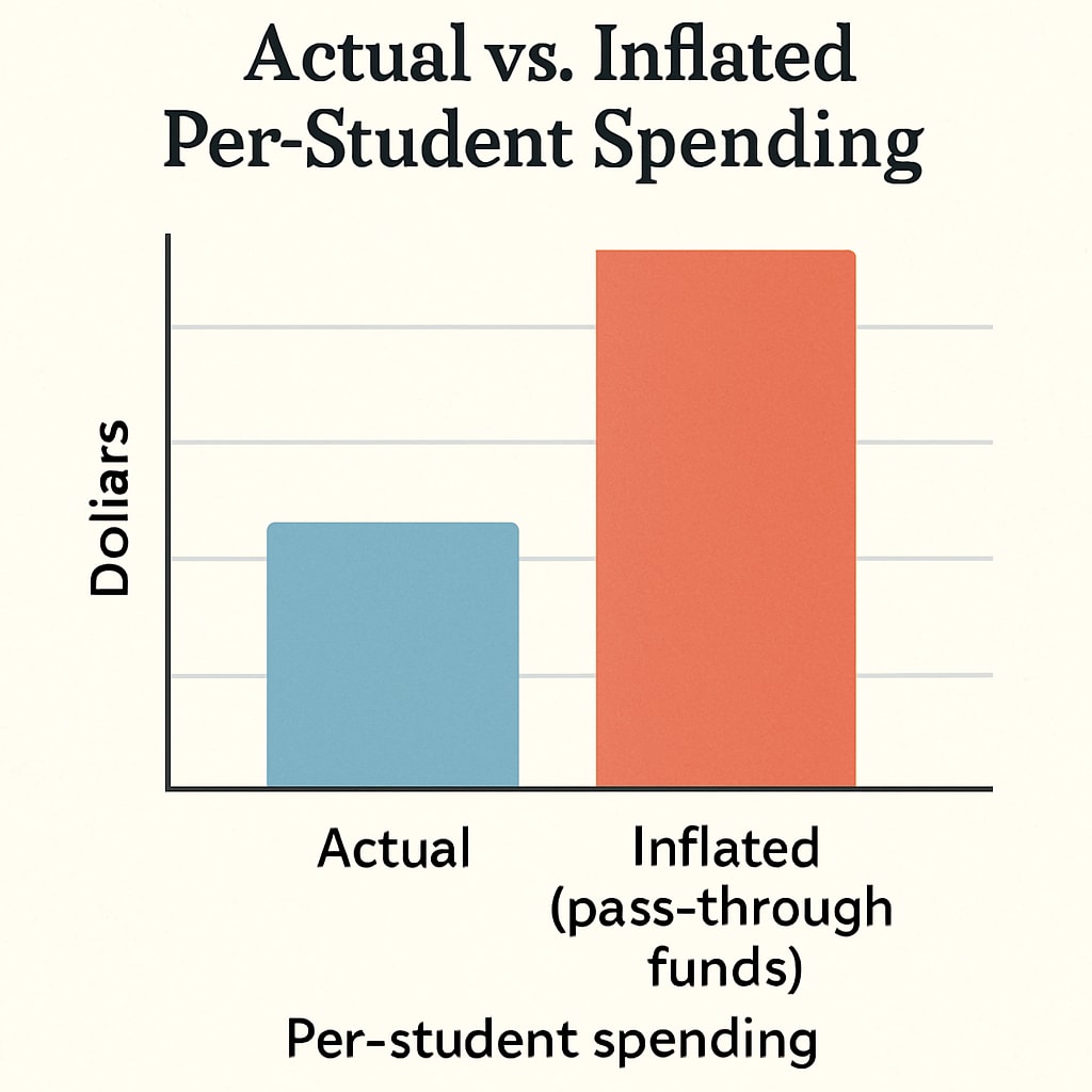 A chart comparing actual per-student spending versus inflated figures due to pass-through funds. Graph highlighting inflated per-student spending due to pass-through funds in school budgets.
