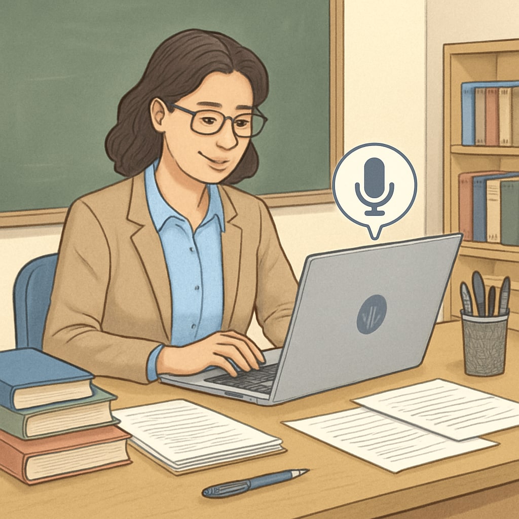 A teacher using voice recognition software on a laptop to grade assignments. Teacher using voice recognition software to grade assignments.