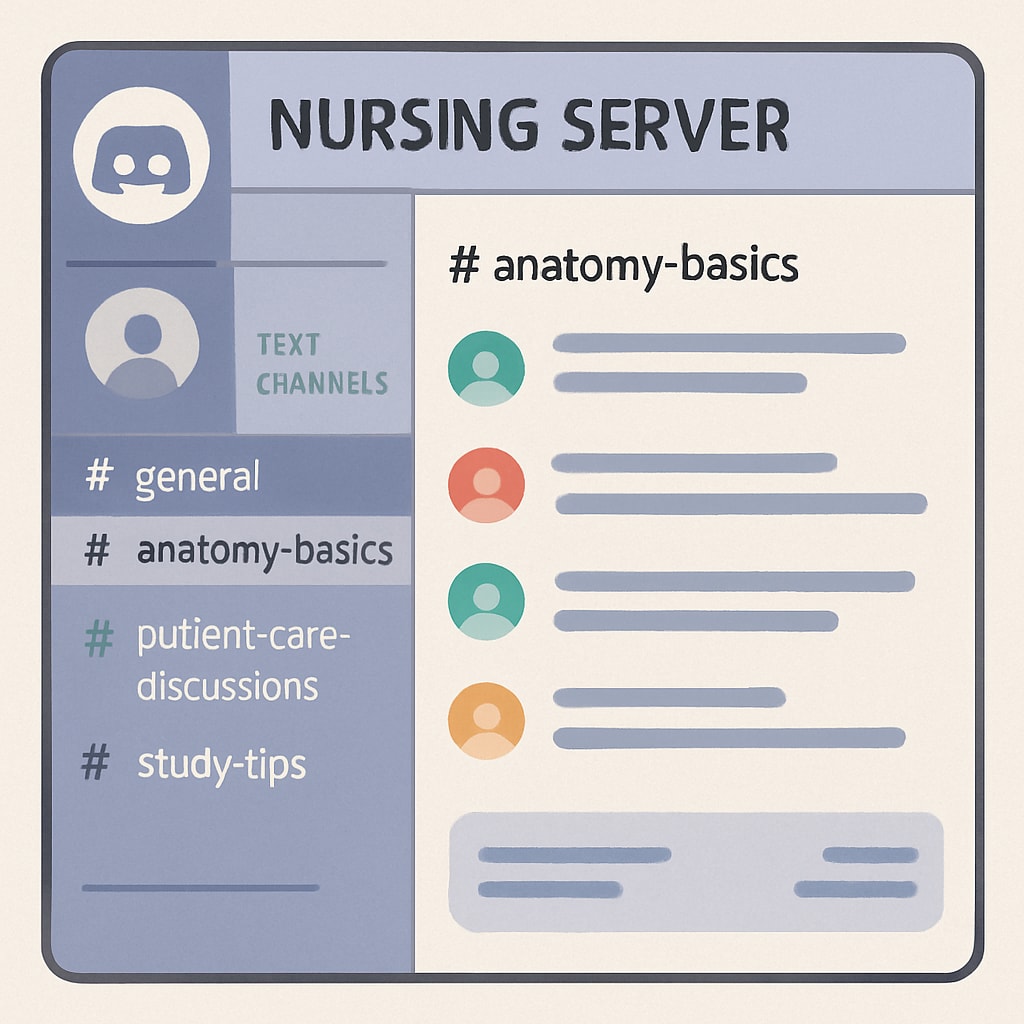 A Discord server interface featuring nursing-related channels such as Discord platform showing nursing study groups for K12 students.
