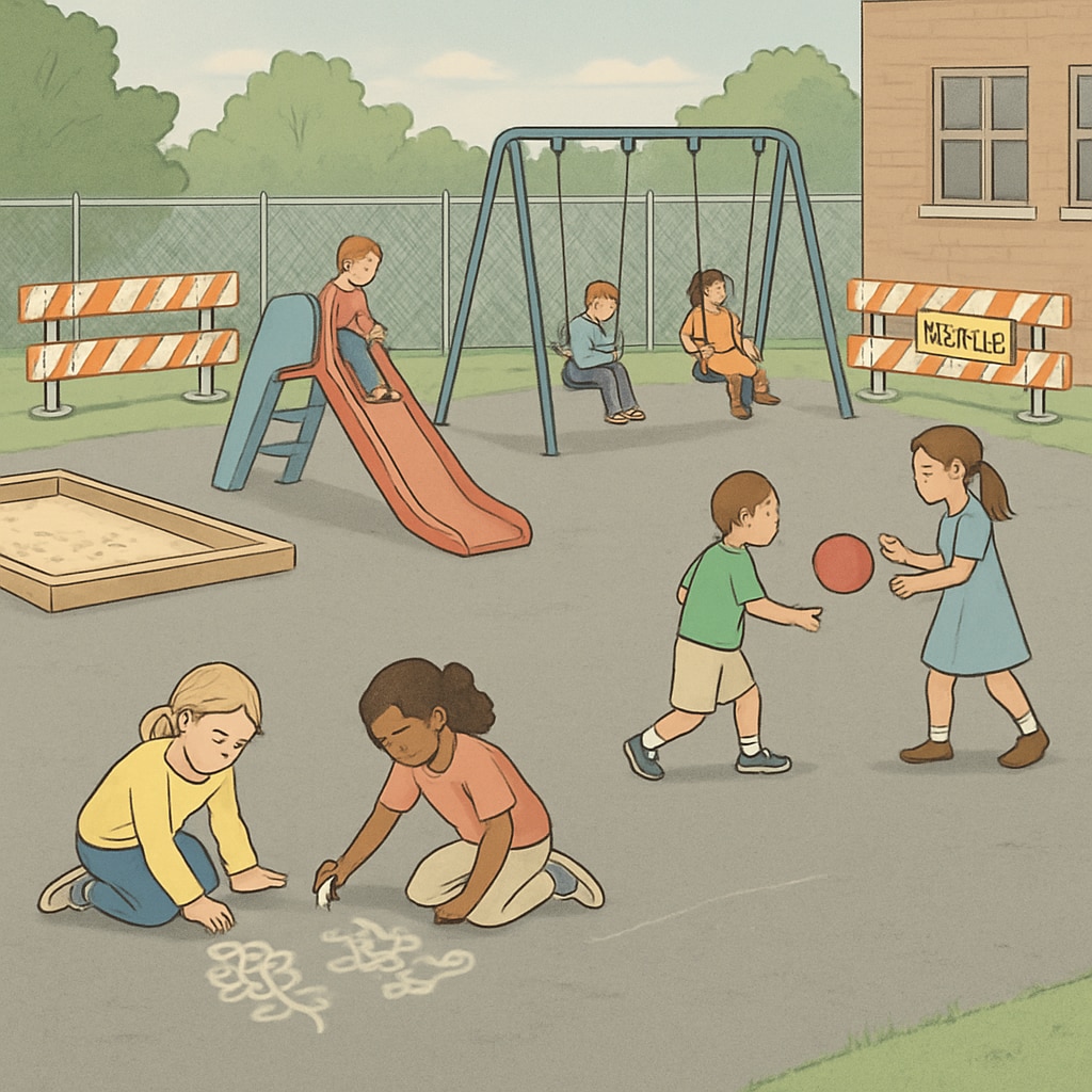 A temporary school playground with limited equipment, illustrating the challenges of maintaining children’s engagement during renovations. Temporary school playground with limited equipment during renovations.