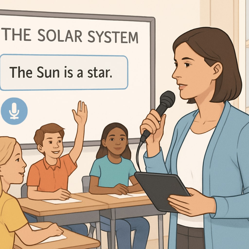 A teacher using a speech recognition tool to transcribe classroom discussions. The image should depict a modern classroom setting with a teacher using a microphone or tablet. Speech recognition tool in use by a teacher for classroom transcription