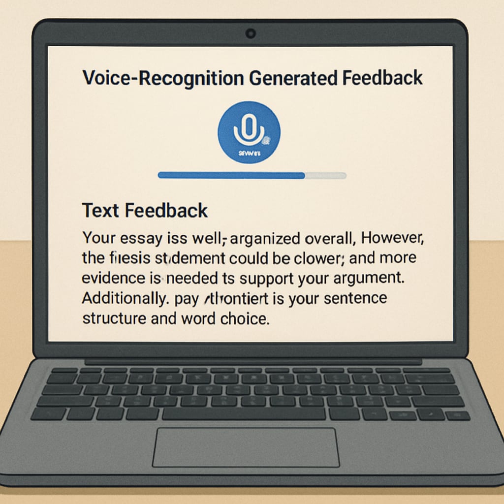A close-up of a laptop screen showing voice-recognition-generated feedback for a student’s essay. Laptop screen displaying voice-recognition-generated feedback.