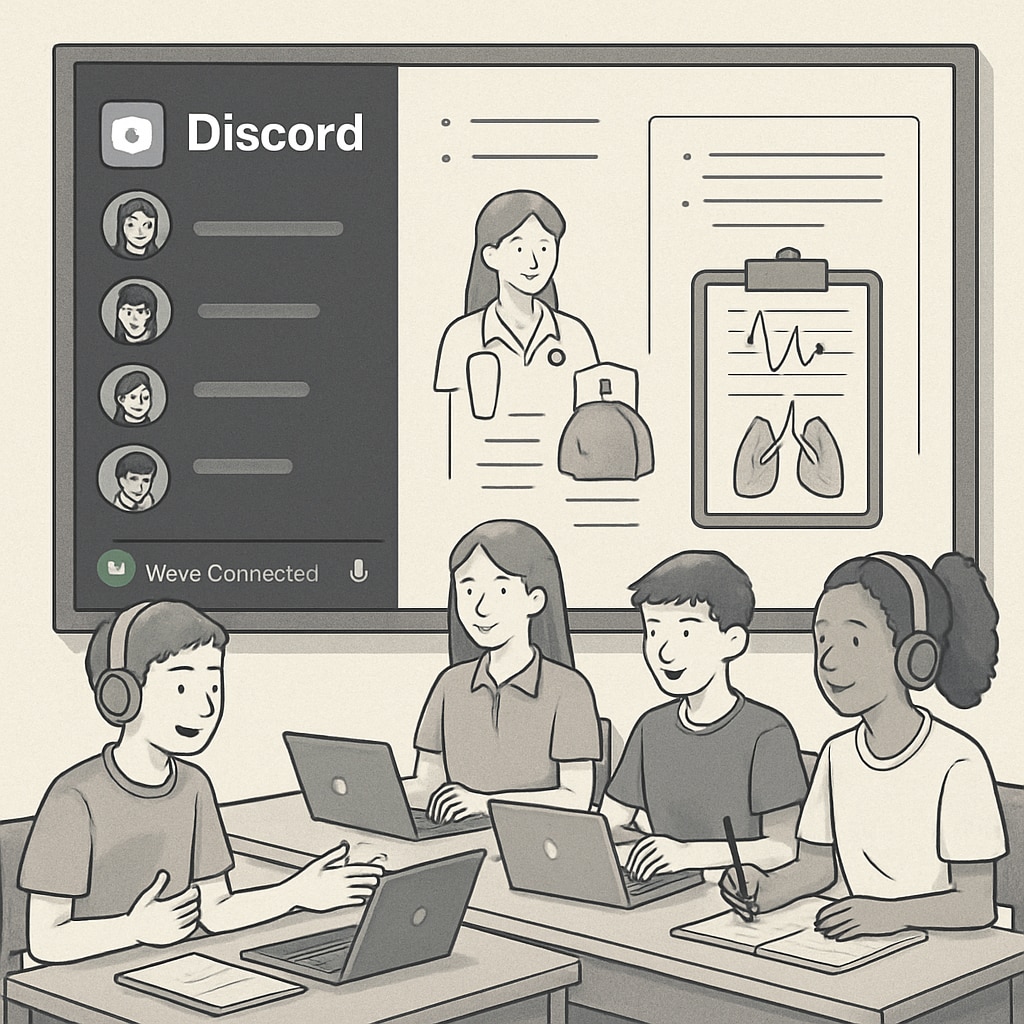 A group of K12 students engaged in a collaborative voice chat on Discord, discussing nursing case studies and sharing insights. Students using Discord to study nursing concepts in real-time collaboration.