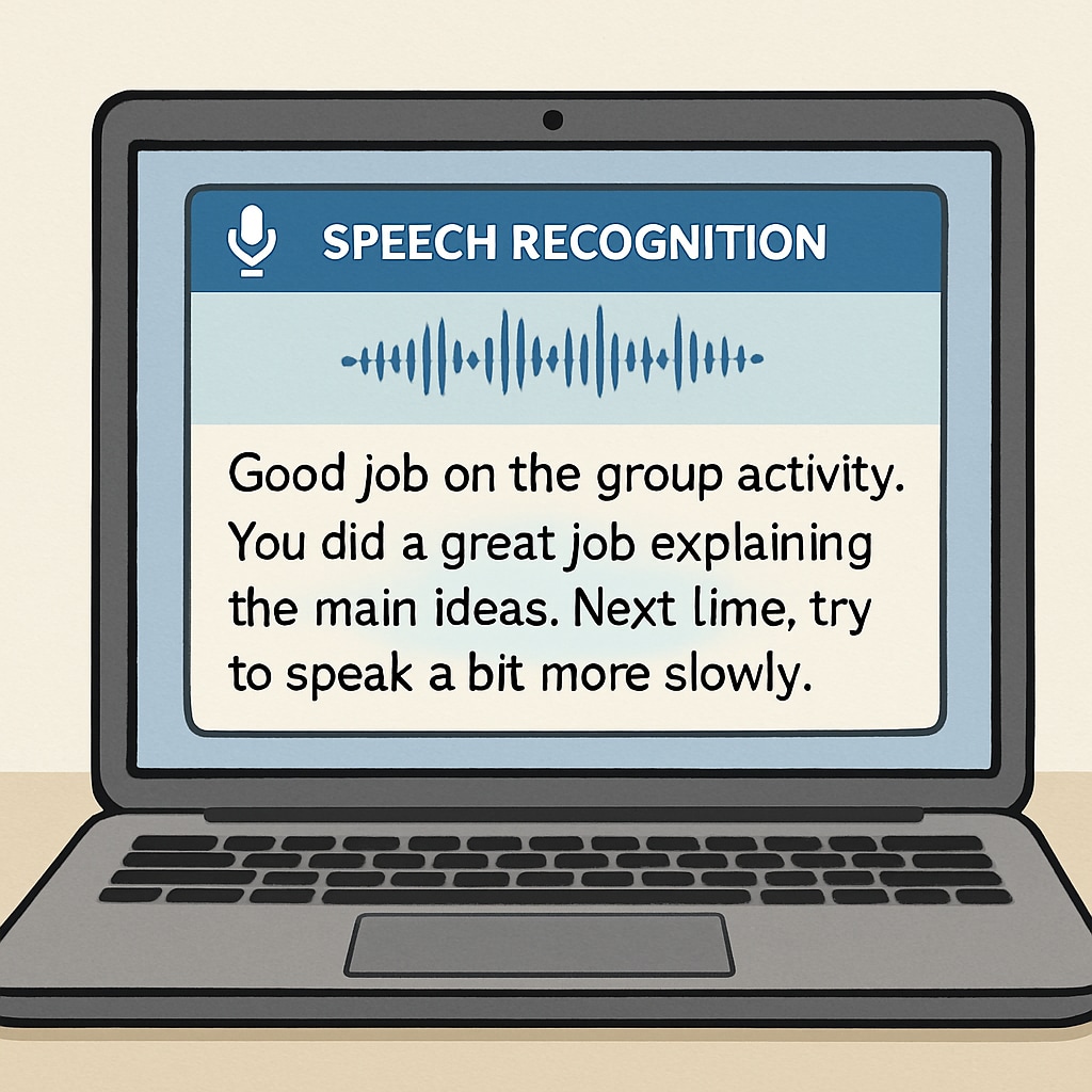 A close-up of a laptop screen showing a speech recognition tool generating feedback. The screen should display recognizable text output related to teaching feedback. WillowVoice generating feedback on a laptop screen