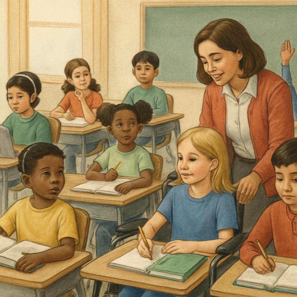 A diverse group of students in a classroom, with some visibly receiving special privileges based on financial contributions. Students with varying access to privileges based on fundraising tiers.