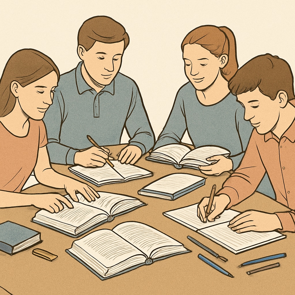 A group of students studying together with books and notes spread across a table, representing academic preparation for retakes. Students preparing for A-Level exams with books and notes.