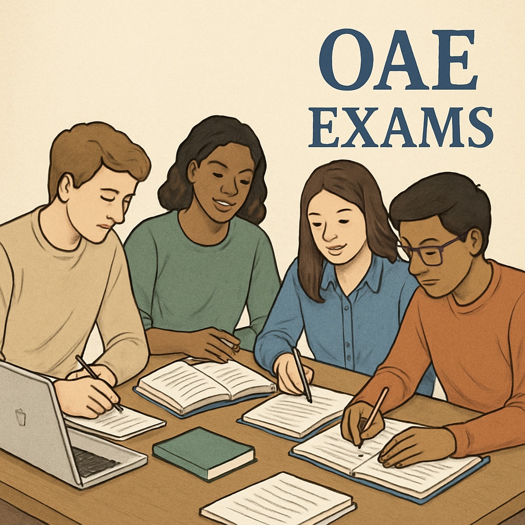 Students collaborating in a study group, using laptops and notes for OAE preparation, symbolizing collective study efforts. Students in a study group preparing for the OAE exam.