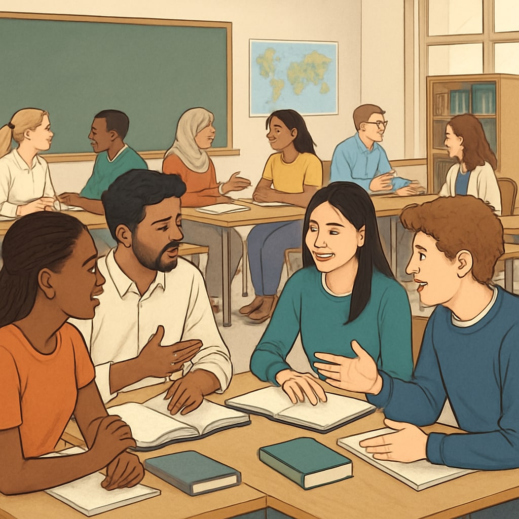 A classroom setting featuring international students engaged in group discussions during a foundation year course abroad. International students discussing coursework in a foundation year program.