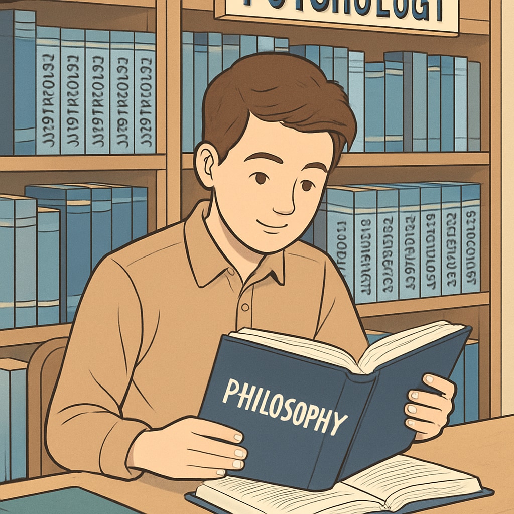 A student studying philosophy and psychology books in a library.