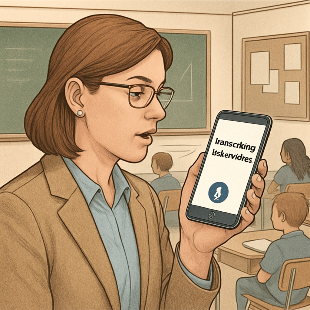 A teacher using a speech recognition app to transcribe lesson notes in a classroom. The image shows the teacher speaking into a device with visible transcription text appearing on the screen. Teacher using speech recognition app in classroom to transcribe notes