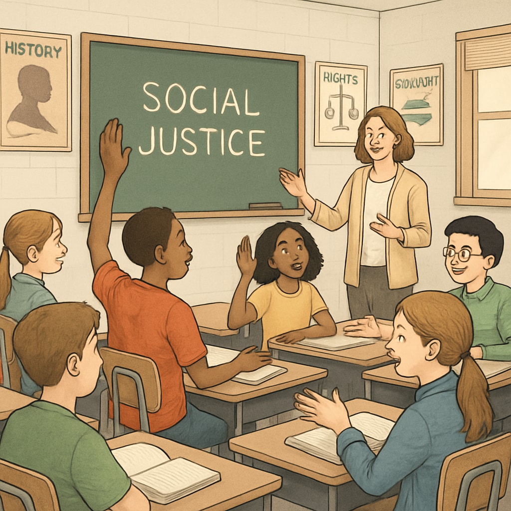 A classroom where students are actively engaging in a discussion about social justice topics. Students discussing social justice themes in a classroom setting.