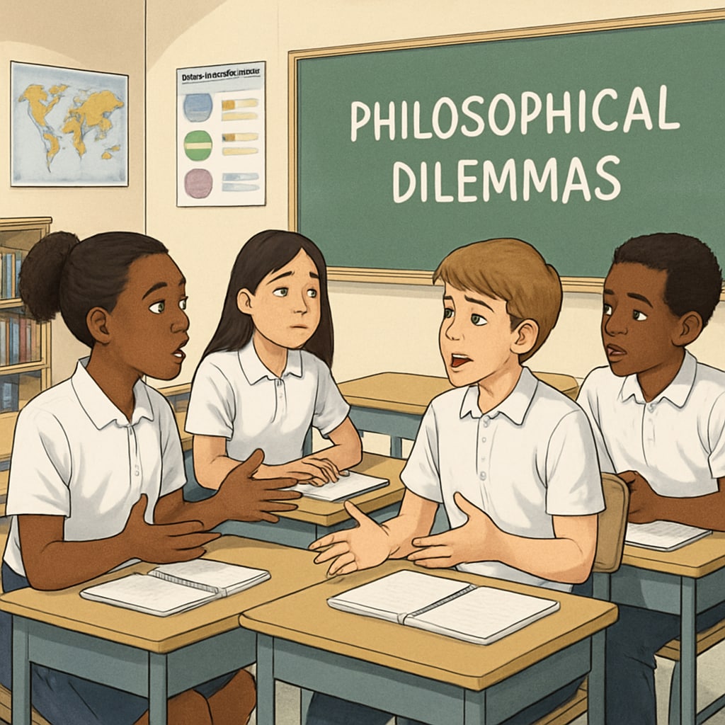 K12 students discussing philosophical dilemmas in class.