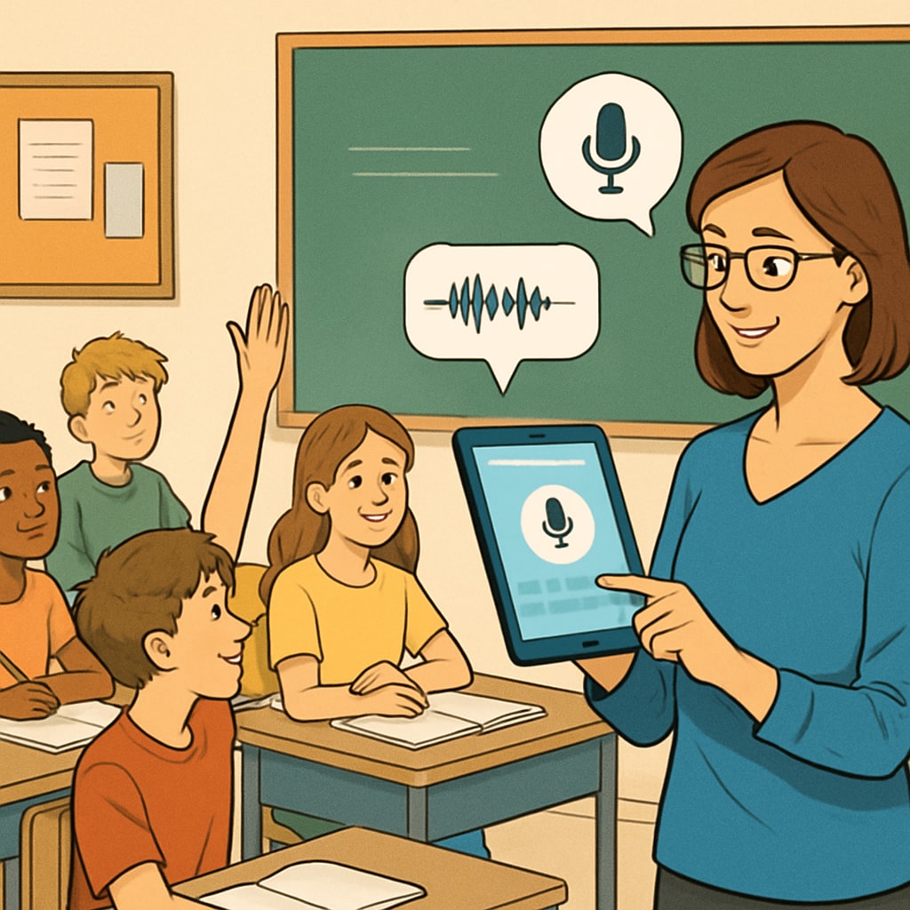 A classroom setting where a teacher uses a tablet with integrated speech recognition software to manage student feedback. The image depicts students actively participating while the teacher interacts with the device. Teacher using tablet with speech recognition software for feedback in class