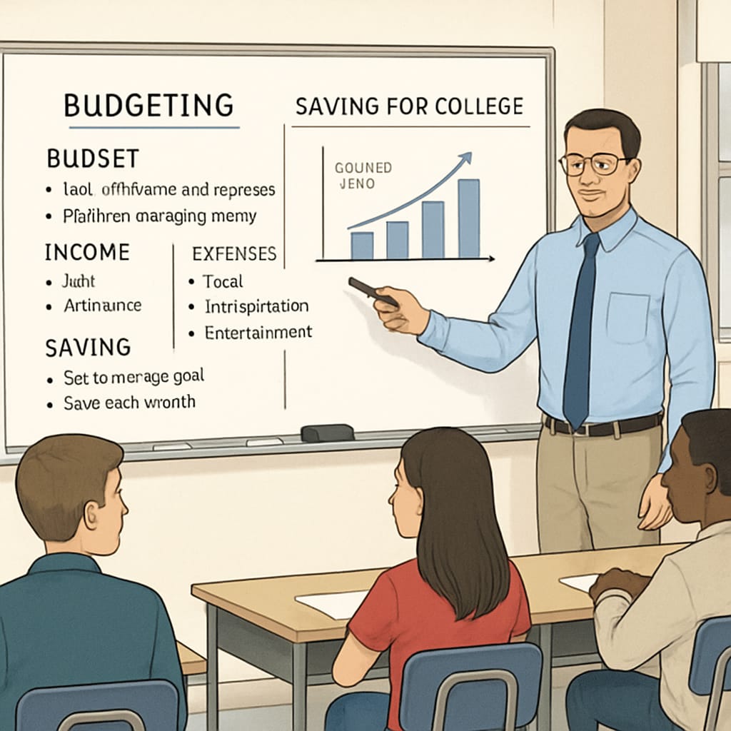 K12 financial literacy education classroom scene.