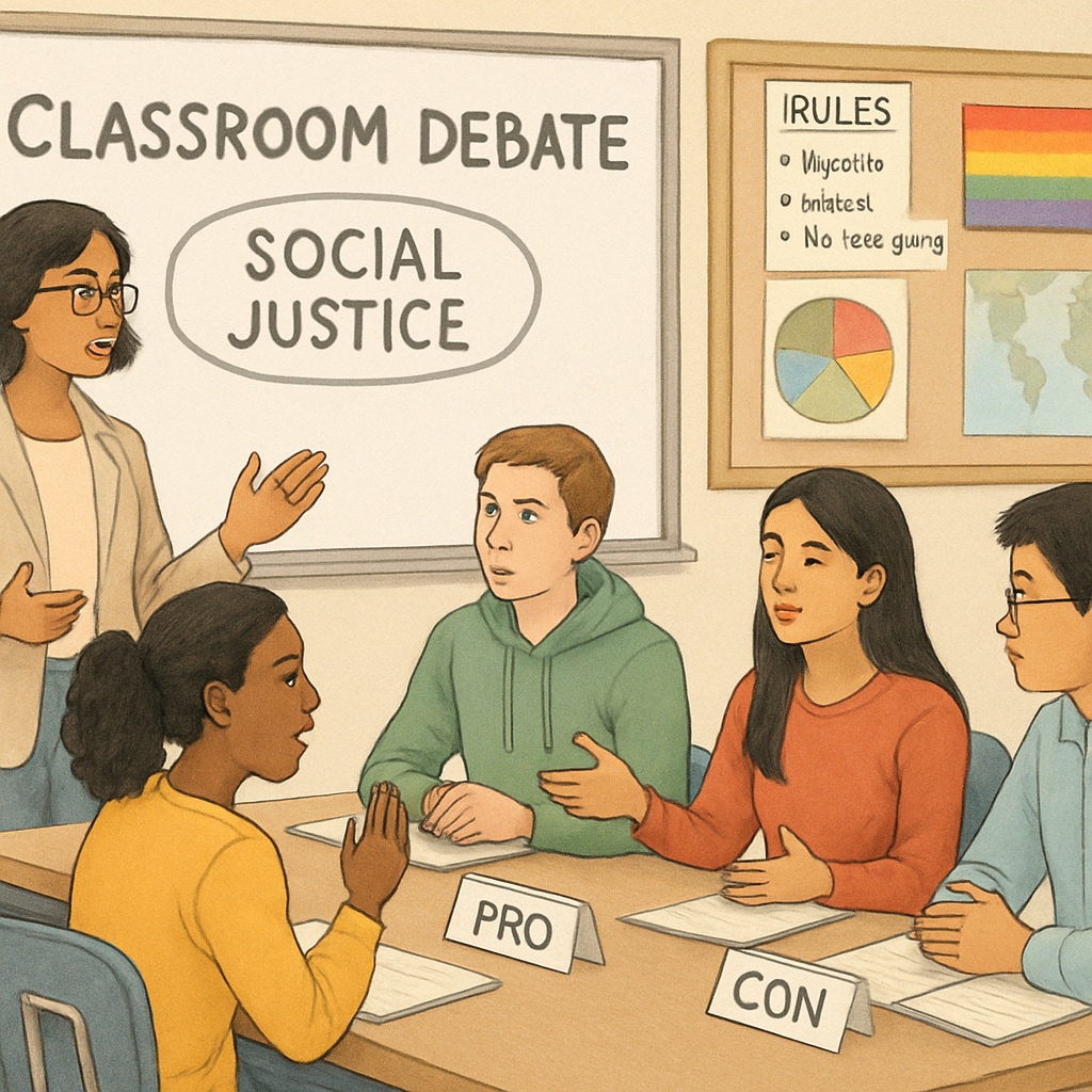 A teacher guiding students through a balanced debate on a social justice topic. Teacher and students participating in a social justice debate.