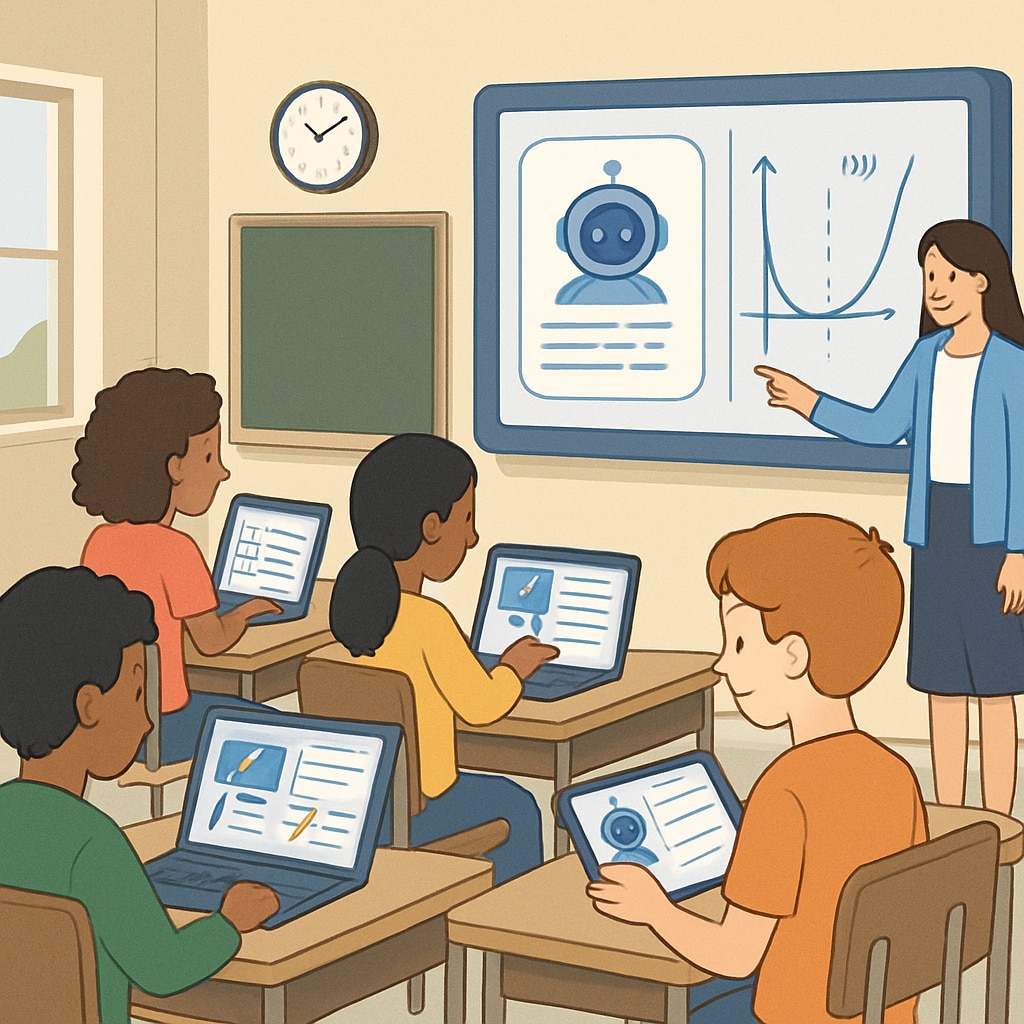 A classroom setting where students interact with AI-powered learning platforms, demonstrating personalized learning experiences. Students in a classroom using AI-powered tools for education.