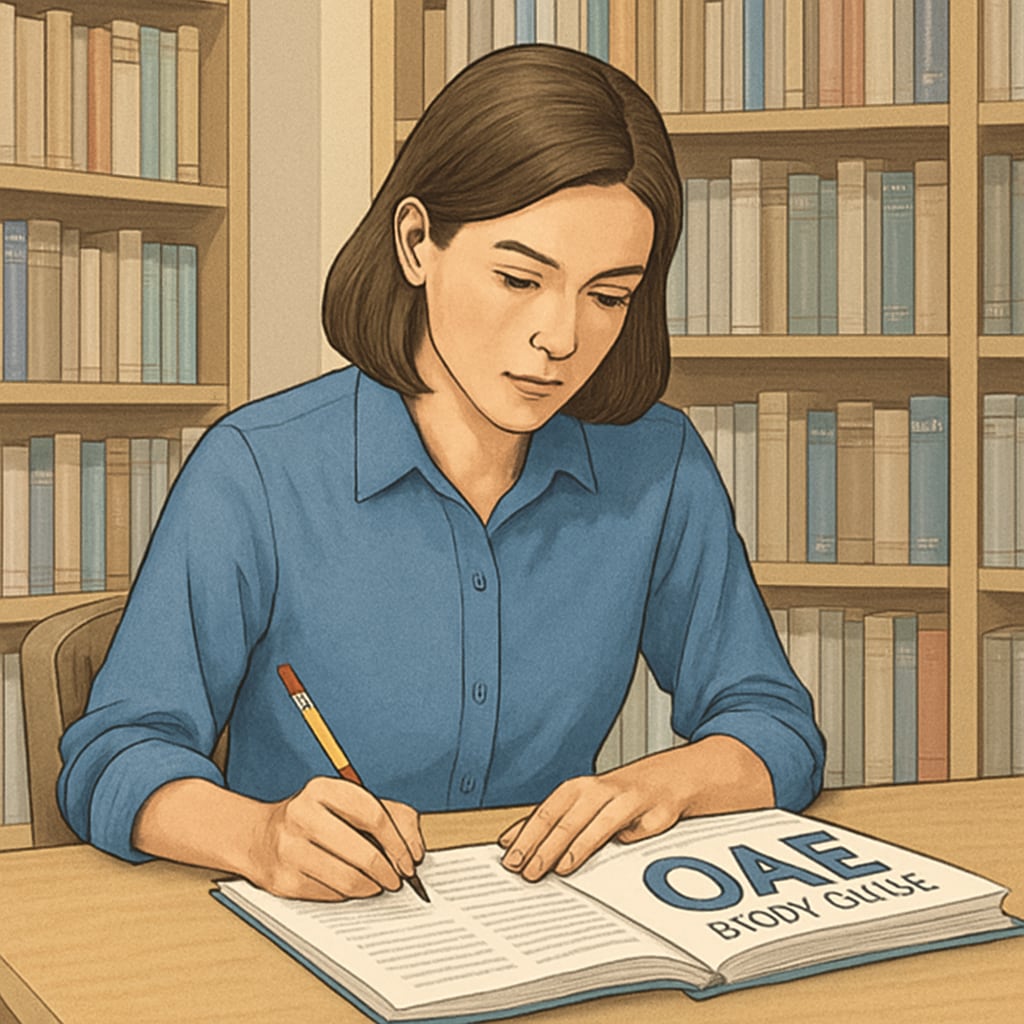 An aspiring teacher using a study guide to prepare for the OAE exam in a library setting. Aspiring teacher studying for the OAE exam using a guidebook.