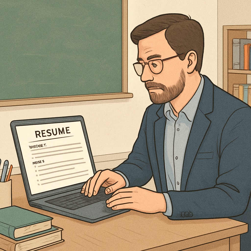 A professional teacher reviewing their resume on a laptop, focusing on relevant skills and formats. A teacher analyzing their resume for Canada-specific guidelines.