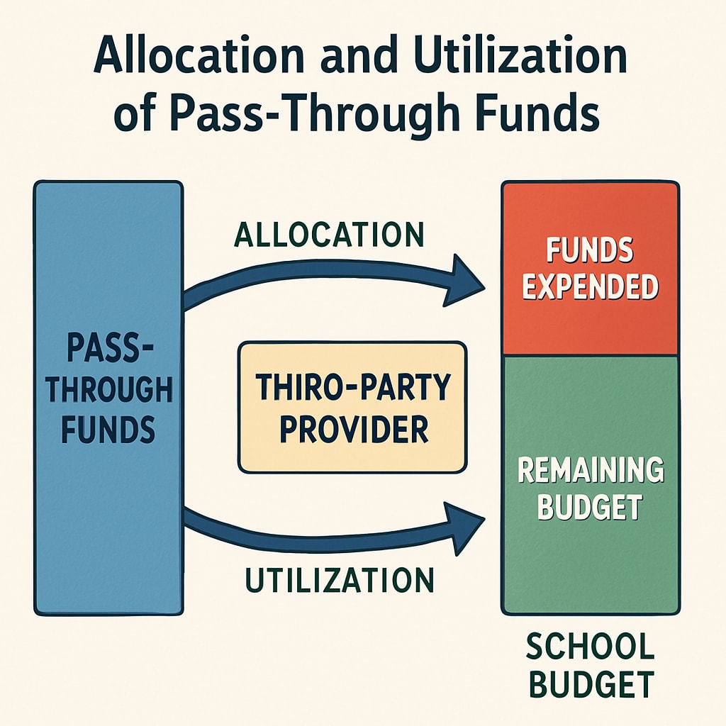 A graph illustrating how pass-through funds are allocated and utilized by third-party providers, highlighting their impact on school budgets. Educational graph showing pass-through funds' impact on per-student spending calculations in schools.