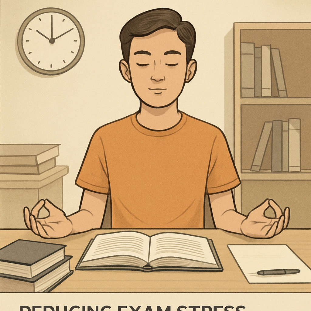A student practicing mindfulness techniques to reduce exam stress before the OAE test. Student meditating to manage anxiety before taking the OAE exam.