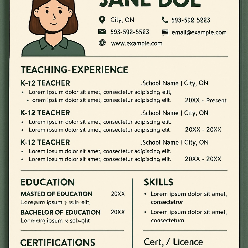 A visually appealing sample resume for a K-12 educator tailored to Canada’s standards. A sample K-12 educator resume designed for Canadian applications.