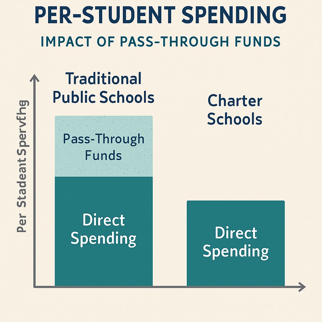 A visual comparison between per-student spending in traditional public schools and charter schools, emphasizing the influence of pass-through funds. Comparative chart showing per-student spending variations due to pass-through funds in charter schools.