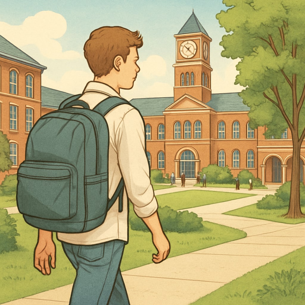 A college student wearing a stylish yet practical backpack, walking across a university campus. College student with a practical backpack walking across campus.
