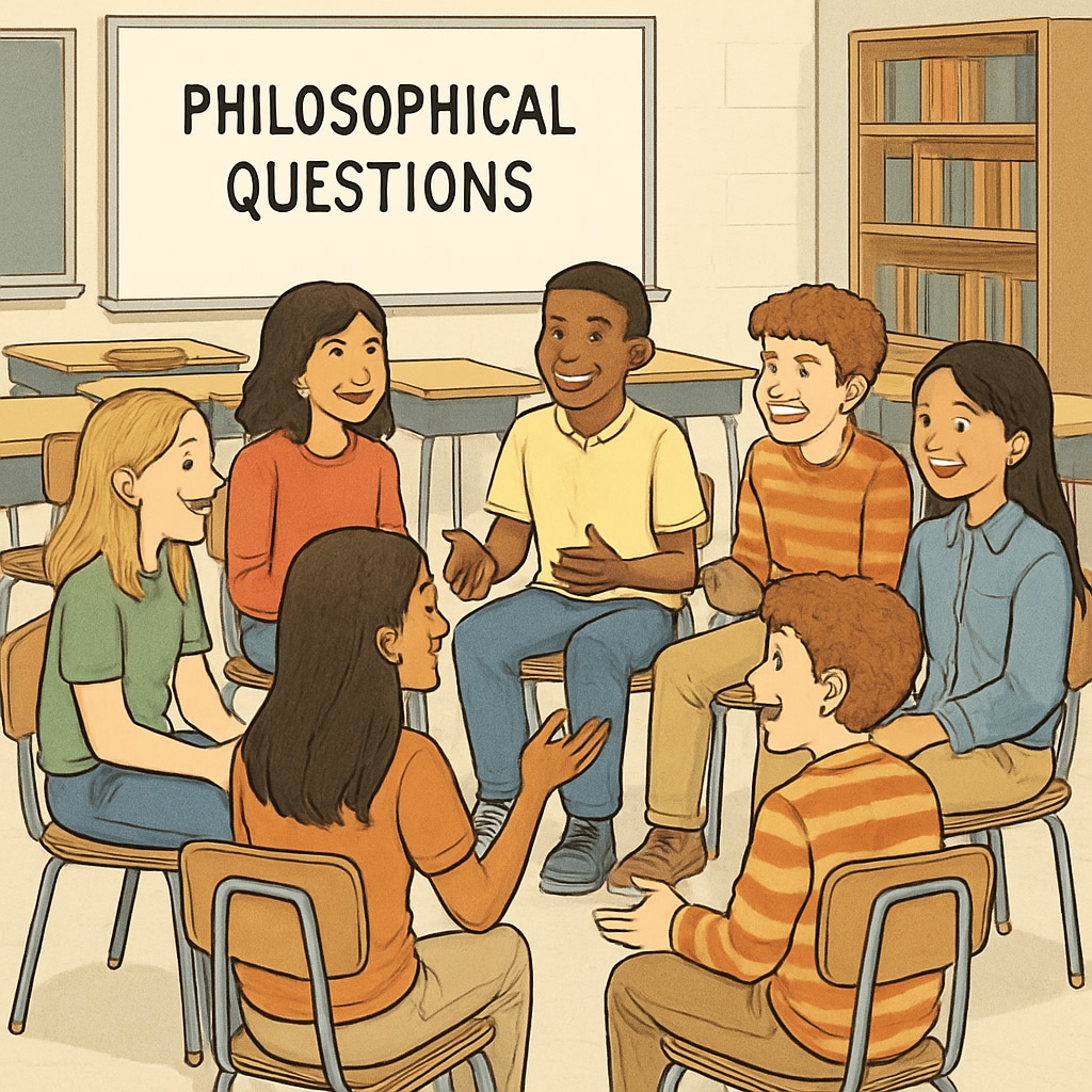 A group of K12 students engaging in a classroom discussion about philosophical questions. The students are seated in a circle, smiling and interacting with one another. K12 students discussing philosophical questions in a classroom setting.