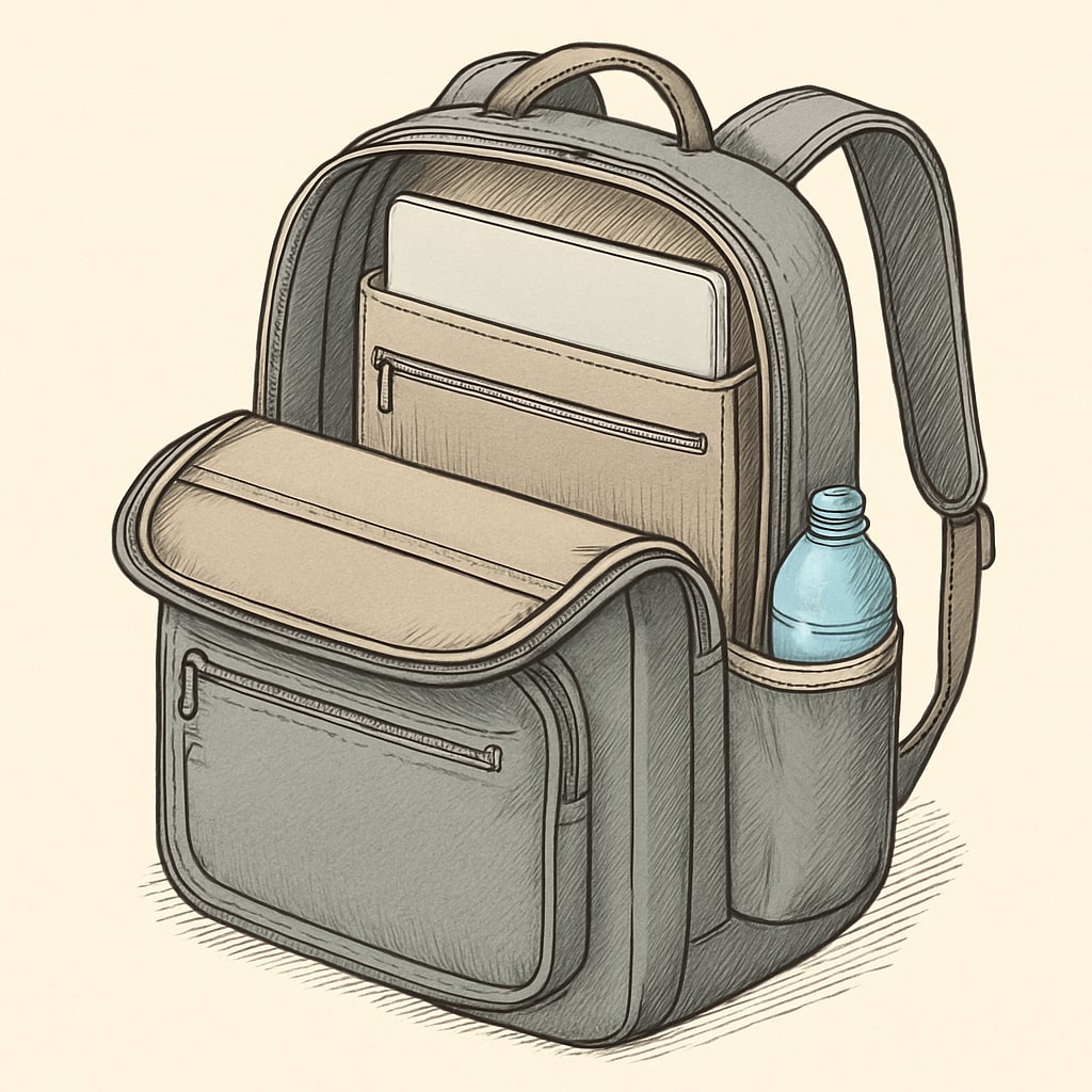 A close-up of a backpack featuring multiple compartments, including a laptop sleeve and water bottle holder. Backpack with multiple compartments and laptop sleeve.
