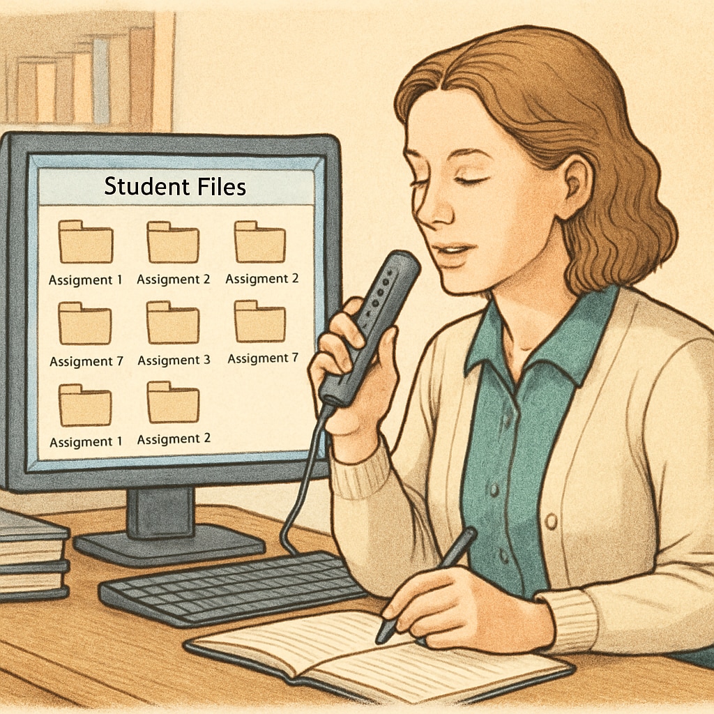 A teacher dictating feedback using WillowVoice, with student files open on a computer screen to illustrate efficiency in providing constructive feedback. Teacher providing feedback through WillowVoice speech-to-text tool.