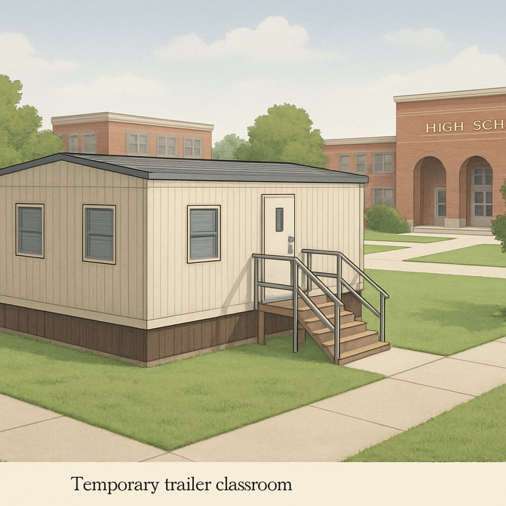 A temporary trailer classroom set up on a high school campus, showing the adaptability of school environments. Temporary trailer classroom on a high school campus for elementary students.