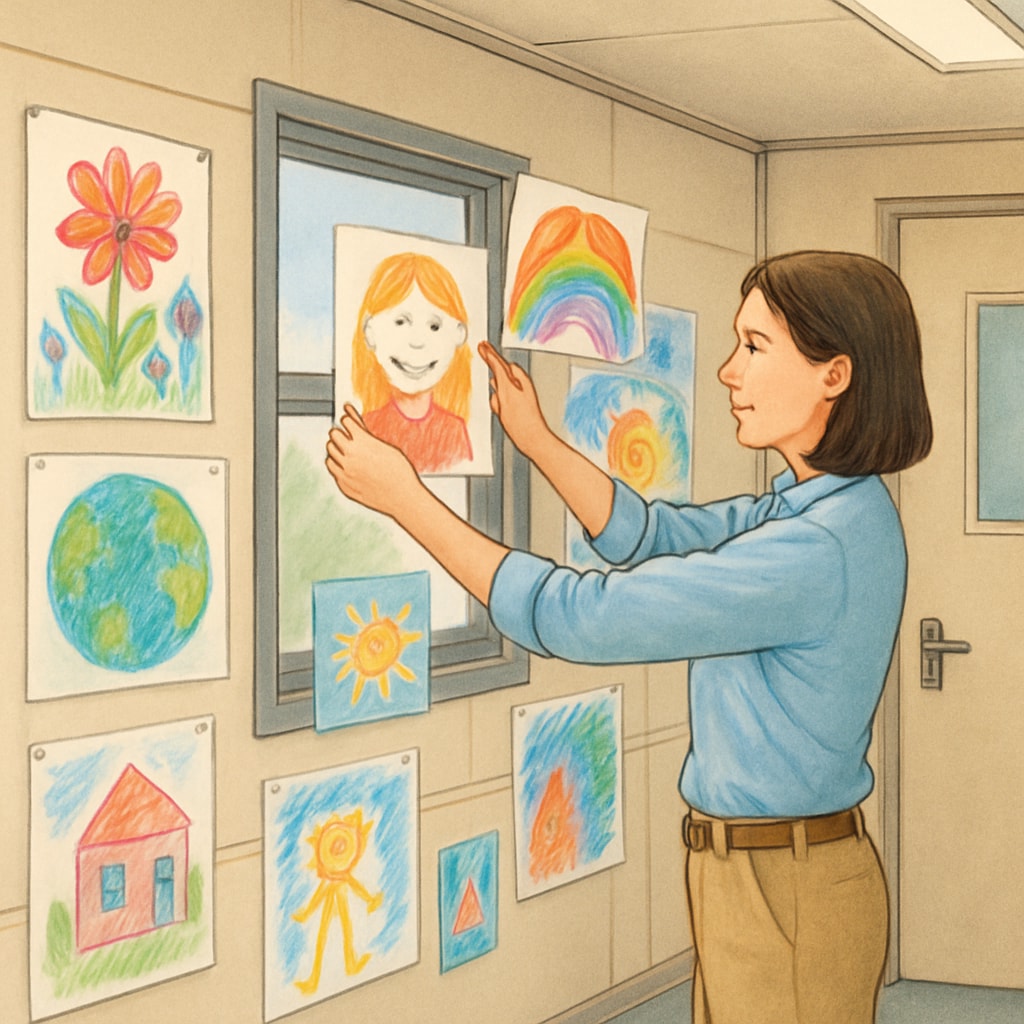 A teacher decorating a trailer classroom with student artwork to create an engaging learning space. Teacher decorating a trailer classroom with student artwork.
