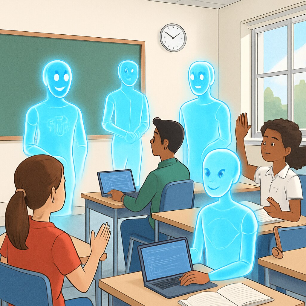 Students using holographic AI tutors in school