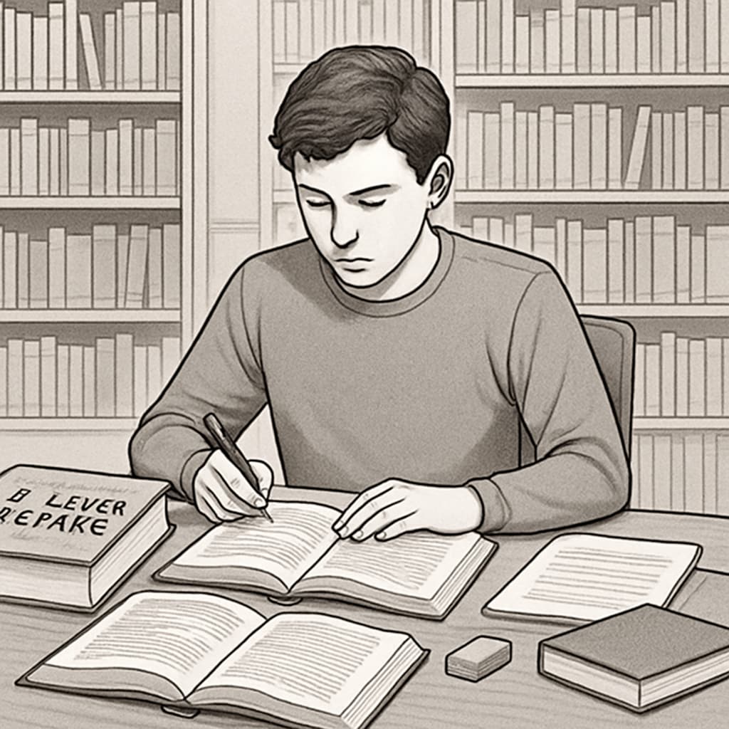A-level student reviewing textbooks for retake preparation, sitting at a library desk. Student reviewing textbooks for A-level retake preparation.