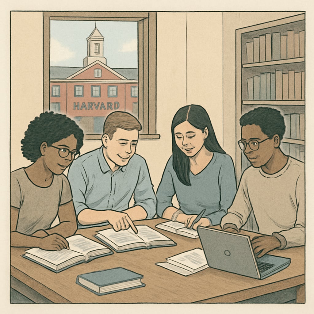 Harvard students collaborating in a study session, representing holistic education.
