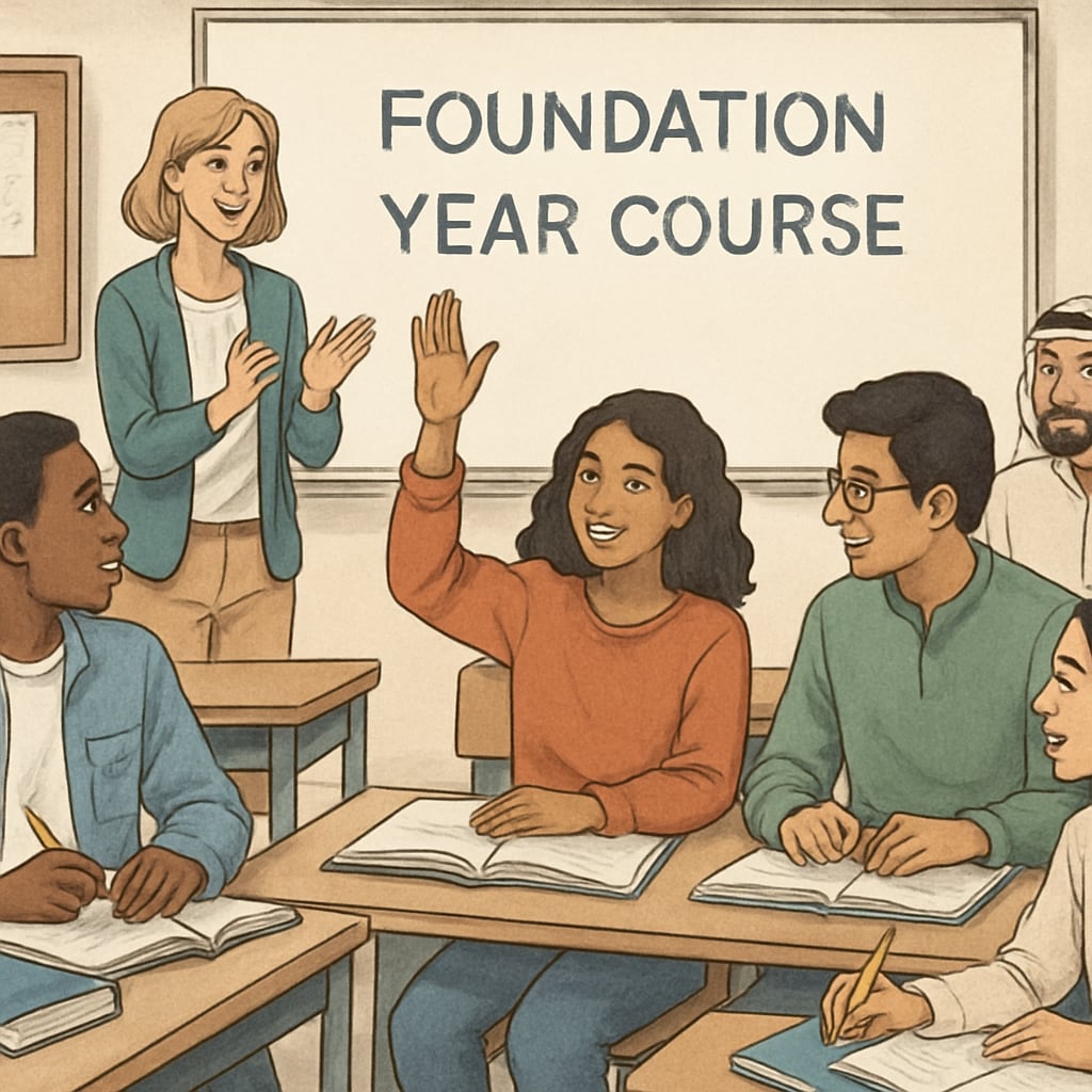 A classroom of international students engaging in a discussion during a foundation year course. International students discussing in a foundation year classroom.