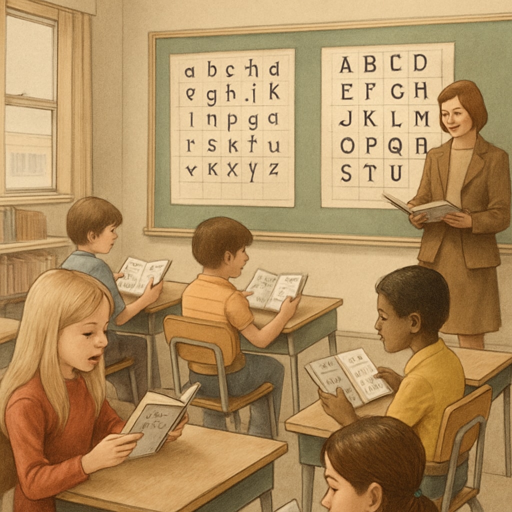 A classroom in the 1970s where children are using Initial Teaching Alphabet charts for reading practice. 1970s classroom with children learning Initial Teaching Alphabet, highlighting its educational use.