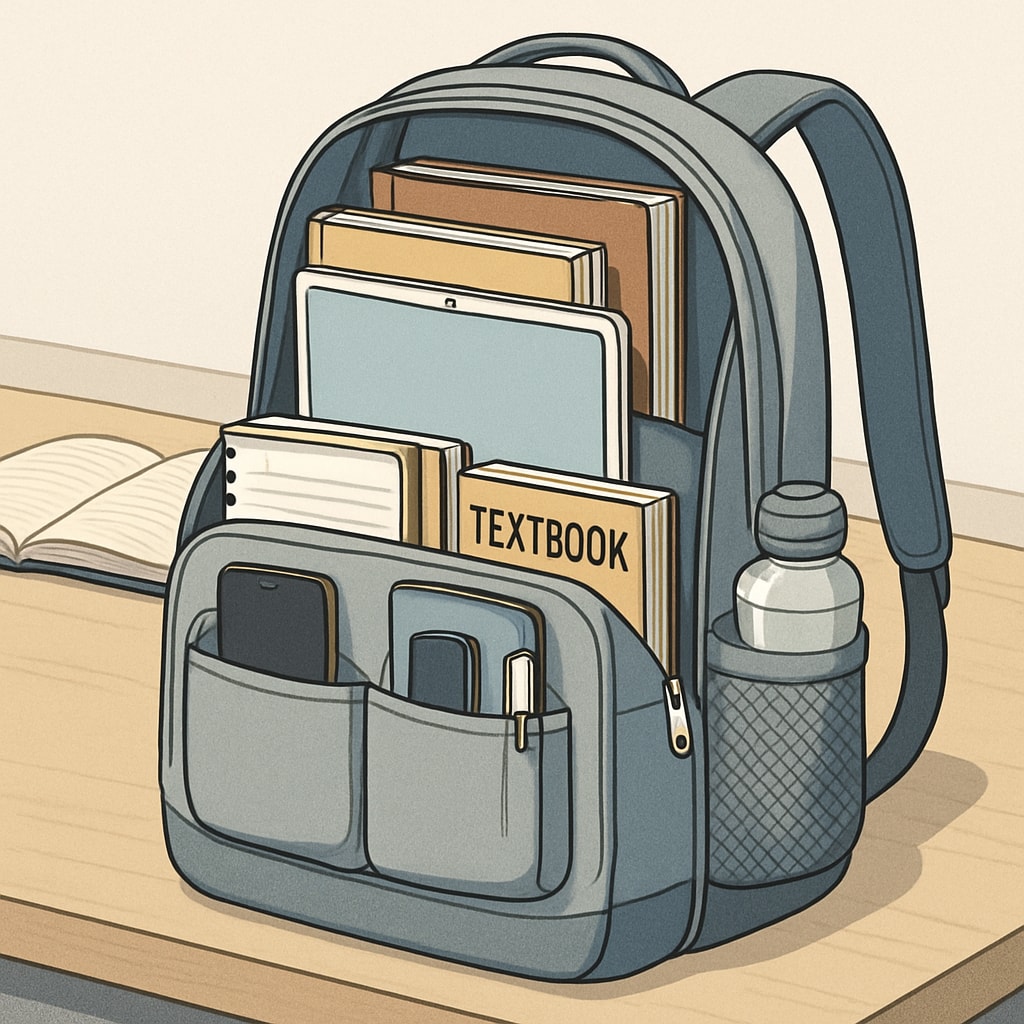 A stylish university backpack with multiple compartments displayed on a desk, showcasing its practicality and spacious design. University backpack with multiple compartments for affordability and space.