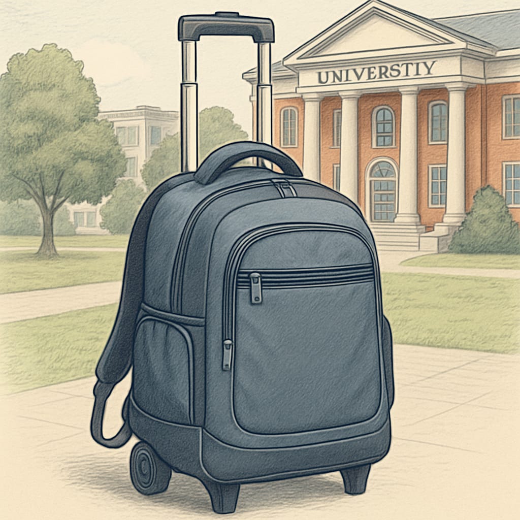A durable rolling backpack with wheels and a retractable handle in a university setting. Rolling backpack for students with heavy loads and spacious design.