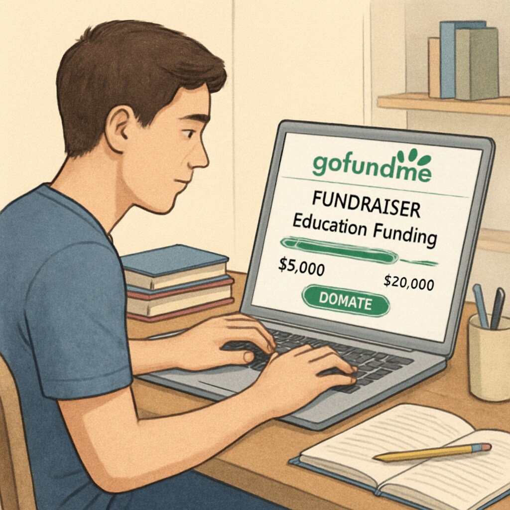 A young college student sitting at a desk, typing on a laptop, with a GoFundMe fundraising page open on the screen. The image conveys the growing reliance on crowdfunding for education funding. A student using GoFundMe to crowdfund tuition for medical school applications.