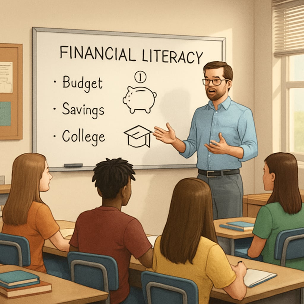 A high school classroom with a teacher explaining financial literacy concepts on a whiteboard. The image emphasizes the importance of early financial education in preparing students for college. Financial literacy being taught in a high school classroom to prepare students for college costs.
