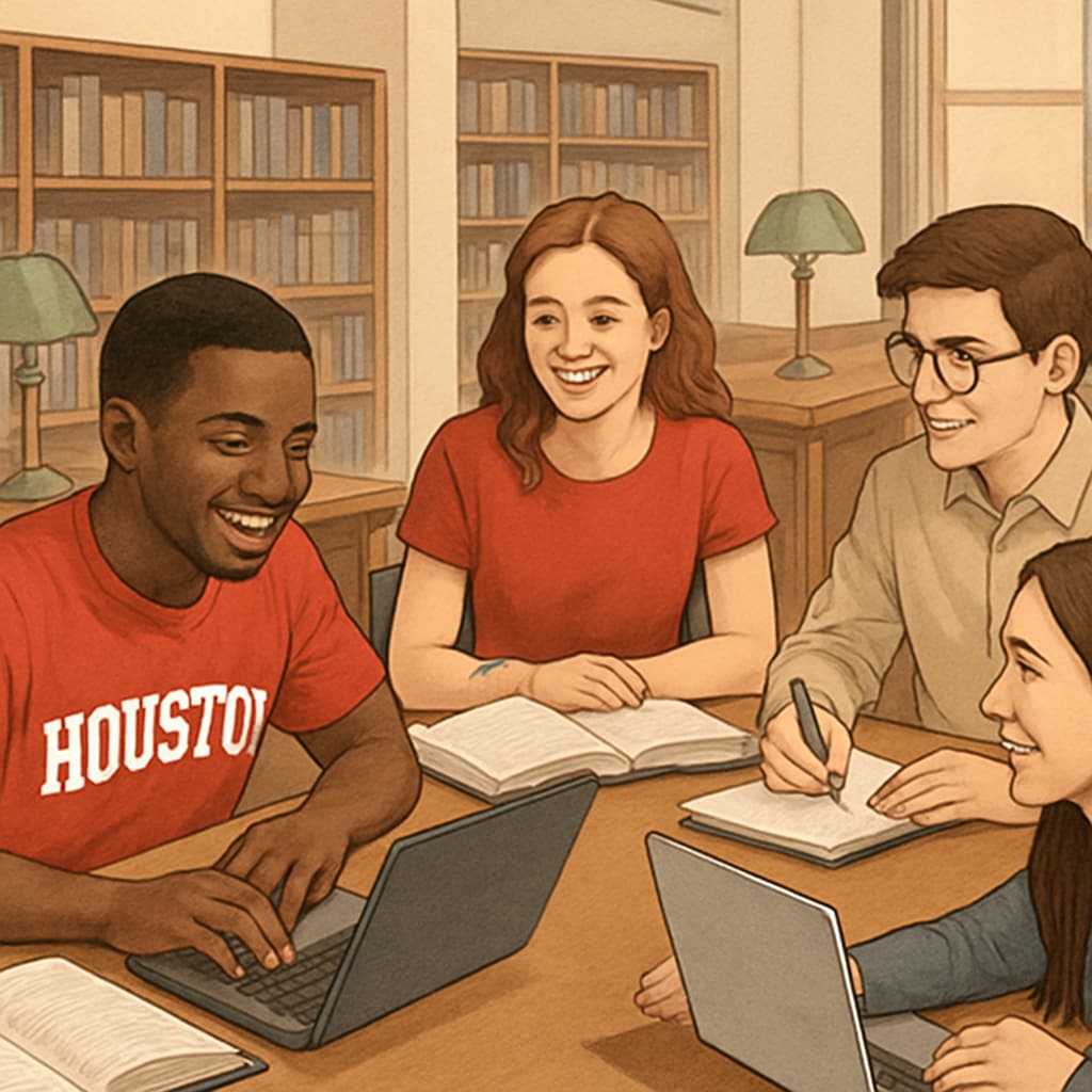 A group of University of Houston students collaborating in a study session in a library setting. University of Houston students engaging in a study group at the library.